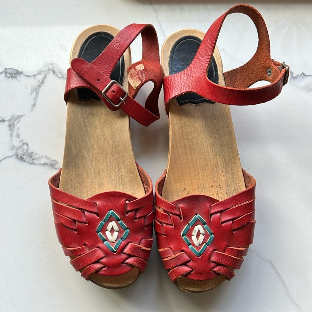 Swedish Hasbeens Red and Green Leather Sandals